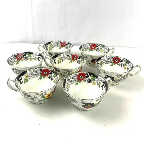 VTG Set of 7 Swansea Tea Cups Floral Pattern Bone China Canton Gold Trim - Picture 3 of 14